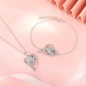 RENSINO 925 Silver Dolphin Through the heart Set of Interlocking Collar Chains