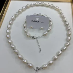 RENSINO 925 Silver Fine Jewelry Set with 3A Rice Pearl Includes Necklace Earrings Bracelet Charm Pendants