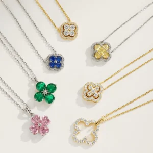 RENSINO 925 Silver Fine Silver Chain Lucky Charm Four-leaf Clover Gold-plated Women’s Colorful Pendant Cubic Zircon Necklace Jewelry Set