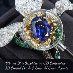 RENSINO 925 Silver High Grade Crystal Vibrant Pins Blue Sapphire 3D Crystal Petals Brooch with 8 Emerald Green Accents