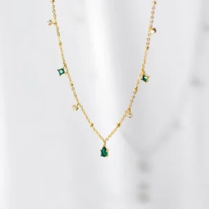 RENSINO 925 Silver Jewelry 18K Gold Necklace Pendant Green Crystal Droplet Zircon Drop Necklace for Women Simple