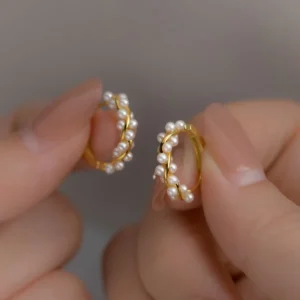RENSINO 925 Silver Jewelry Pearl Wedding Earrings Twisted Hoop Earring Pearl Earrings 18K Gold Plated