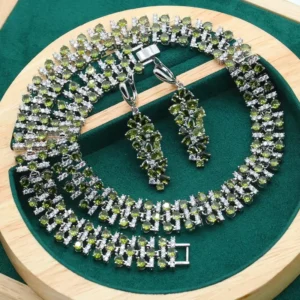RENSINO 925 Silver Jewelry Set for Women Classic Style Olive Green White Zircon Earrings Necklace Engagement Wedding Christmas Gift