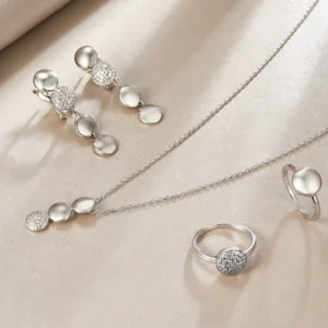 RENSINO 925 Silver Jewelry Sets Bling Necklace Earrings Ring Round Circle Necklace Earrings Ring Sets