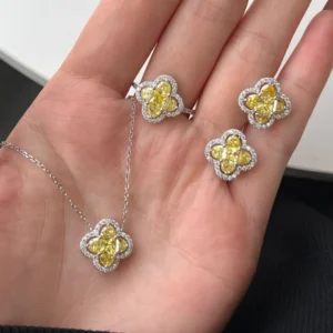 RENSINO 925 Silver Micro Inlay Zircon Pink Yellow CZ Stone Lucky Four Leaf Clover Necklace Ring Earrings Jewelry Set for Women