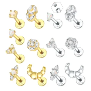 RENSINO 925 Silver Mix Style Internally Threaded Flat Back Zircon Opal Moon Lip Piercing Jewelry Labret Lip Monroe Studs for Gifts Party