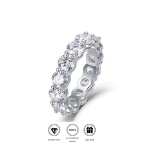 RENSINO 925 Silver Moissanite Hip Hop Rhodium Plated Prong Setting Cuban Eternity Band Ring for Wedding & Anniversary Gift