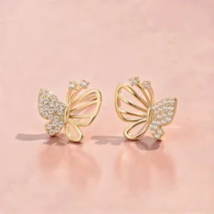 RENSINO 925 Silver Needle Light Luxury Copper Plated Real Gold Micro Inlaid Zircon Butterfly Earrings