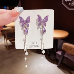 RENSINO 925 Silver Needles Beautiful Butterfly Full Diamond Long Pearl Tassel Stud Earrings Fashion Glass Gold Plated Anniversary Gift