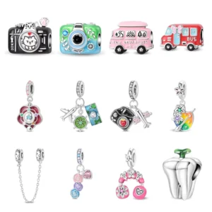 RENSINO 925 Silver New Women Fashion Jewelry Pendant DIY Charms Bracelet Accessories Travel Style Bus Car Airplane Camera Gift