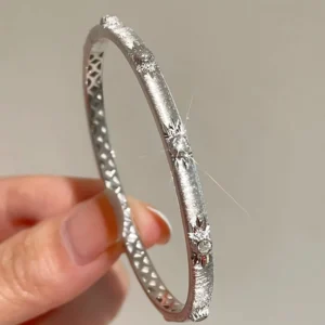 RENSINO 925 Silver Plated Gold Ball Brushed Craft Nebula Six point Cuff Zircon Bracelet Retro Exquisite