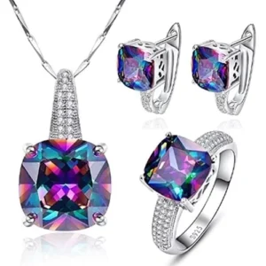 RENSINO 925 Silver Rainbow Az Luxury Jewelry Set with Cushion Cut Pendant Earrings & Ring for Wedding Party & Anniversary Gift