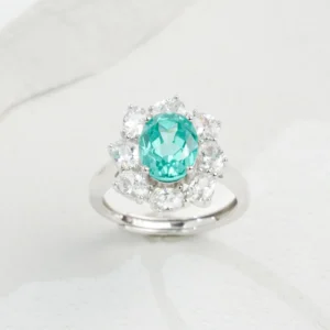 RENSINO 925 Silver Rhodium Plated Classic Style Paraiba Tourmaline Lab Grown Gemstone Oval Cut Bezel Setting Prong Set