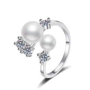 RENSINO 925 Silver Rhodium Plated Non Tarnish Jewelry 0.4CT VVS1 GRA Moissanite Freshwater Pearl Open Adjustable Rings for Women