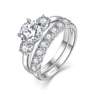 RENSINO 925 Silver Rhodium Plated Zircon Women’s Wedding Ring Set Brilliant Bridal Jewelry Engagement Band Combination