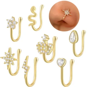 RENSINO 925 Silver Snake Nose Ring Fine Body Piercing Jewelry with Diamond Gold Plated Snake Nose Cuff for Women