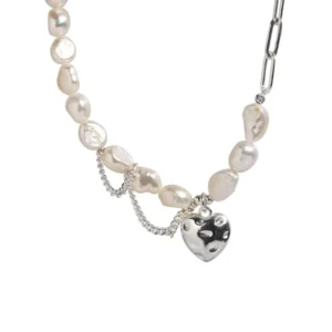RENSINO 925 Silver Sweet Pearl Love Necklace Women’s High End Fashion Heavy Industry Chain Tassel Asymmetric Clavicle Chain