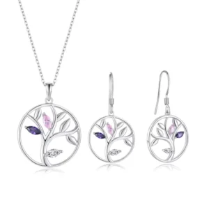 RENSINO 925 Silver Tree of Life Jewelry Set Colorful CZ Pendant Necklace and Earrings Gift for Women
