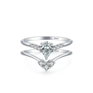 RENSINO 925 Silver V Shaped Stackable Finger Rings Cubic Zirconia Heart Rings for Women