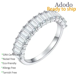 RENSINO 925 Silver White Gold Plated Women’s Jewelry Emerald Cut 2*4mm VVS GRA Moissanite Engagement Wedding Half Eternity Ring