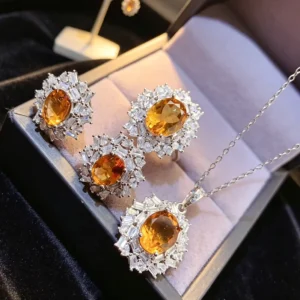 RENSINO 925 Sliver Natural Citrine Fashion Women’s Wedding Jewelry Sets Valentines Gift