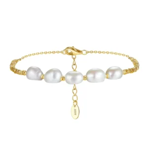 RENSINO 925 Sterling Silver 14K Gold Plated AAA Grade Freshwater Natural Baroque Pearl Trendy Adjustable Delicate Bead Chain Bracelet