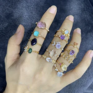 RENSINO 925 Sterling Silver 14K Gold Plated Bulk Lucky Natural Raw Gemstones Large Created Custom Rings for Women