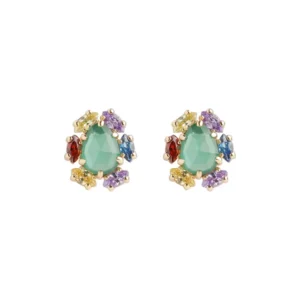 RENSINO 925 Sterling Silver 14K Gold Plated Gemstones Colourful Rainbow Red Garnet Natural Green Chalcedony Crystal Earrings