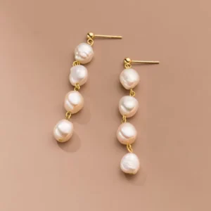 RENSINO 925 Sterling Silver 18K Gold Plated Handmade Baroque Freshwater Pearl Tassel Dangle Earrings for Girls