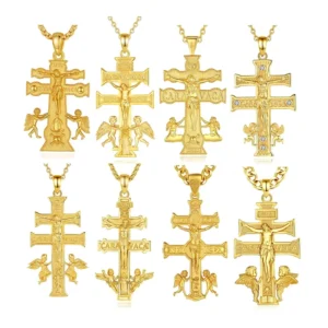RENSINO 925 Sterling Silver 18K Gold Plated Religious Jewelry Talisman Amulet Double Cross Design Caravaca Cross Pendant Necklace