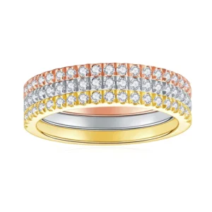 RENSINO 925 Sterling Silver 18K Gold Plated Three Tone Moissanite Bar Setting Eternity Band Ring Stackable 3 Grams Unisex