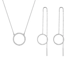 RENSINO 925 Sterling Silver 18K Gold Plated Women’s Necklace Earrings Circular Geometric Minimalist Clavicle Chain Inlaid Zircon Set