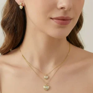 RENSINO 925 Sterling Silver 18K Gold Plated Zircon Double Layer Love Heart Pendant Necklace Earrings Jewelry Set for Gift