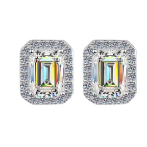 RENSINO 925 Sterling Silver 1ct D Color VVS Diamond Fine Jewelry Emerald Cut Stud Earrings Wedding Gift Moissanite Collection