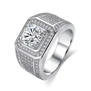 RENSINO 925 Sterling Silver 2 Carat Moissanite Round Brilliant Cut Rhodium Plated Pave Setting Casual Sporty Wedding Ring for Men