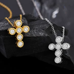 RENSINO 925 Sterling Silver 3mm Moissanite VVS Gold Plated Cross Pendant Necklace for Women Jewelry with GRA Certification