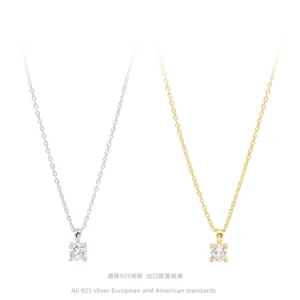 RENSINO 925 Sterling Silver 4 Claws Square Single Zirconia Pendant Necklace Mini Style Silver Fashion Jewelry
