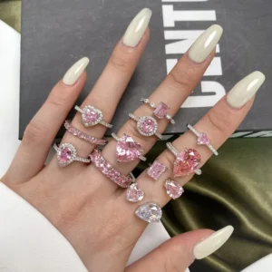 RENSINO 925 Sterling Silver 5A Pink Zircon Heart Rings for Women Party Jewelry