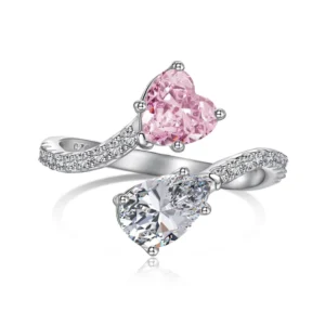 RENSINO 925 Sterling Silver 8A Crushed Iced Out Cut Staggered Contrasting Two-Stone Daily Dress up Women Open Ring