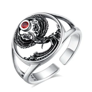 RENSINO 925 Sterling Silver Adjustable Red Cubic Zirconia Vintage Bird Phoenix Ring for Women