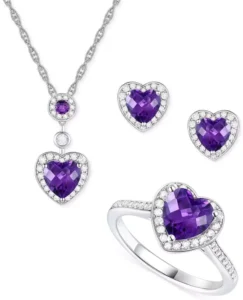 RENSINO 925 Sterling Silver Amethyst Heart Jewelry Set Necklace Earrings Ring Rhodium Plated for Wedding & Party