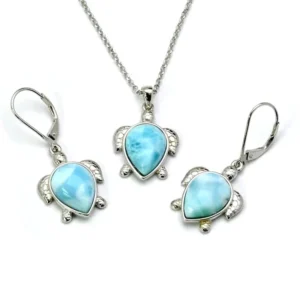 RENSINO 925 Sterling Silver Animal Designs Jewelry Natural Larimar 10X12MM Sea Turtle Hoop Earring and Pendant Jewelry Set