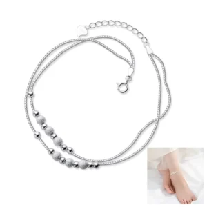RENSINO 925 Sterling Silver Anklet Double Layered Box Chain for Women Girls with Beads Adjustable Anklet Bracelet Chain Style Ankle