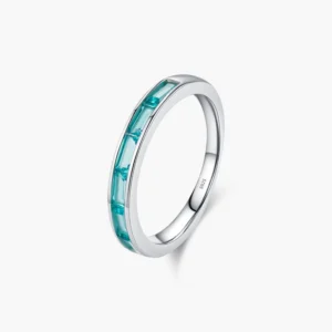 RENSINO 925 Sterling Silver Anniversary Fine Jewelry High end Emerald Cut Green Blue CZ Fashion Eternity Bands Rings for Women
