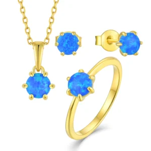 RENSINO 925 Sterling Silver Base 18K Gold Plated Blue Opal Jewelry Set Birthstone Inspired Earrings Ring & Necklace for Women
