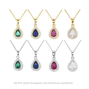 RENSINO 925 Sterling Silver Birthstone Inspired Teardrop Zircon Pendant Necklace Earrings Set For Women