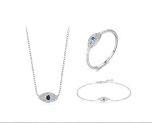 RENSINO 925 Sterling Silver Blue Evil Eye Ring Necklace Bracelet Jewelry Set for Women Girls Lucky Eye 3 Piece Gift Set