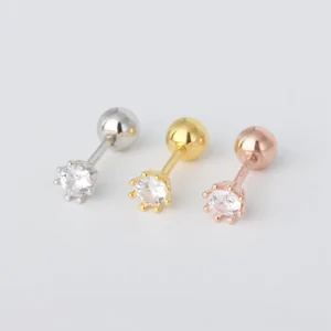 RENSINO 925 Sterling Silver Body Piercing Jewelry Helix Daith Conch Cartilage Piercing Gold Plated Cubic Zircon Screw Back Stud Earring