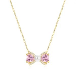 RENSINO 925 Sterling Silver Bow Heart Necklace for Women Vermeil Gold Genuine Pearl Pink Cubic Zirconia Pendant