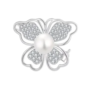 RENSINO 925 Sterling Silver Butterfly Brooch Pin with Pearl Center & CZ Diamonds for Wedding Party Gift